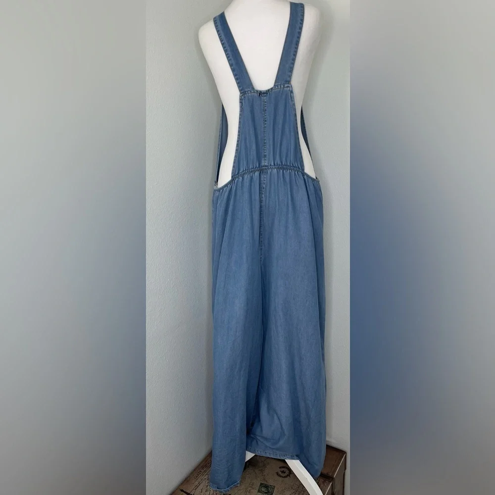 Boho Denim Wide Leg Chambray Overalls Jumpsuit Pockets Boho Summer Casual XXL
